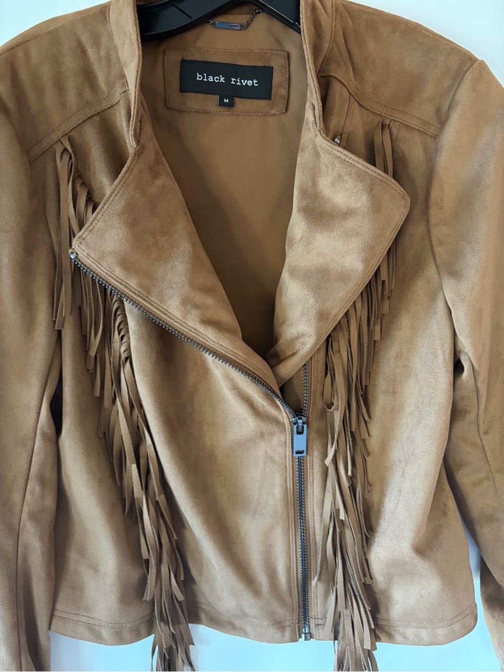 Black Rivet Faux Suede Fringe Jacket Brown Western Boho Cropped Moto Medium M